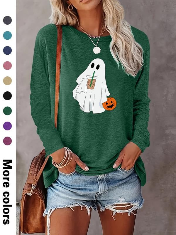 Women's Halloween Ghost Print Long Sleeve Casual Fitted T-Shirt, Comfortable Fabric, Available in 9 Colors, All Seasons...