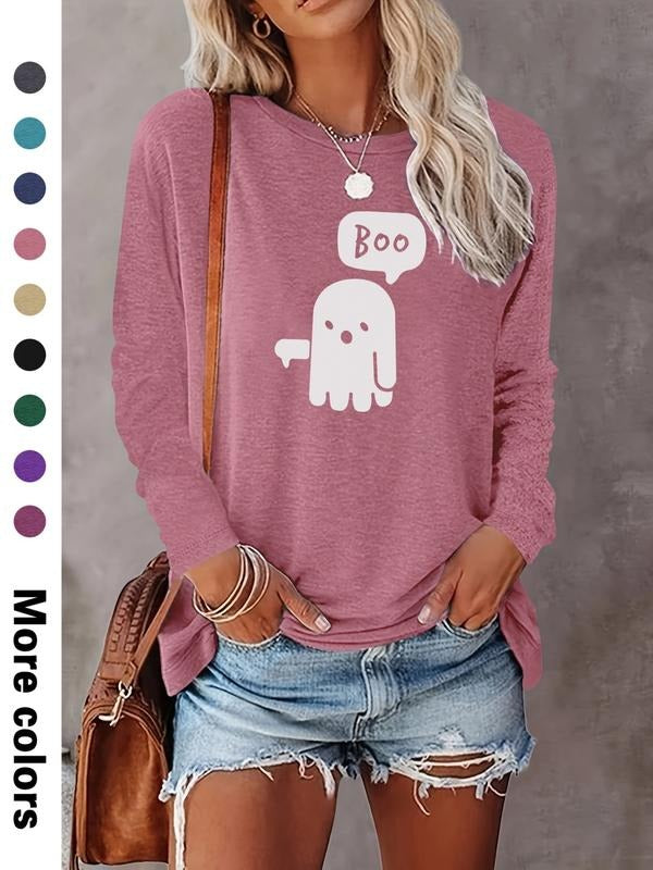 Women's Halloween Ghost Print Long Sleeve Casual Fitted T-Shirt, Comfortable Fabric, Available in 9 Colors, Perfect for...