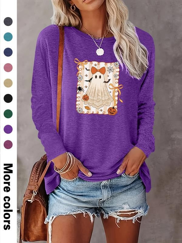 Women's Halloween Ghost Print Long Sleeve Casual Fitted T-Shirt, Comfortable Fabric, Available in 9 Colors, Perfect for...