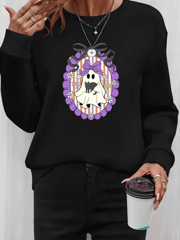 Women's Halloween Ghost Print Long Sleeve Pullover Sweatshirt, Casual Fitted Round Neck Top, Fall & Winter Fashion, 7...