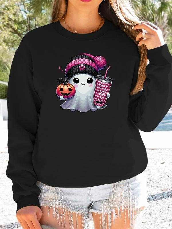 Women's Halloween Ghost Print Long Sleeve Round Neck Pullover Sweatshirt, Casual Fitted Design, Available in 7 Colors...