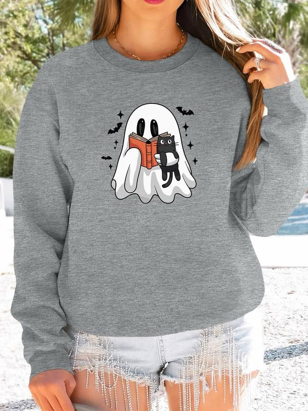 Women's Halloween Ghost Print Long Sleeve Round Neck Pullover Sweatshirt, Casual Fitted Design, Available in 7 Colors...