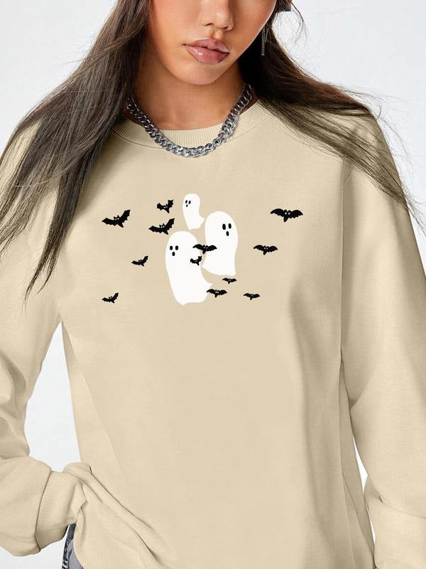 Women's Halloween Ghost Print Long Sleeve Round Neck Pullover Sweatshirt, Casual Fitted Design, Spring & Fall Fashion, 5...