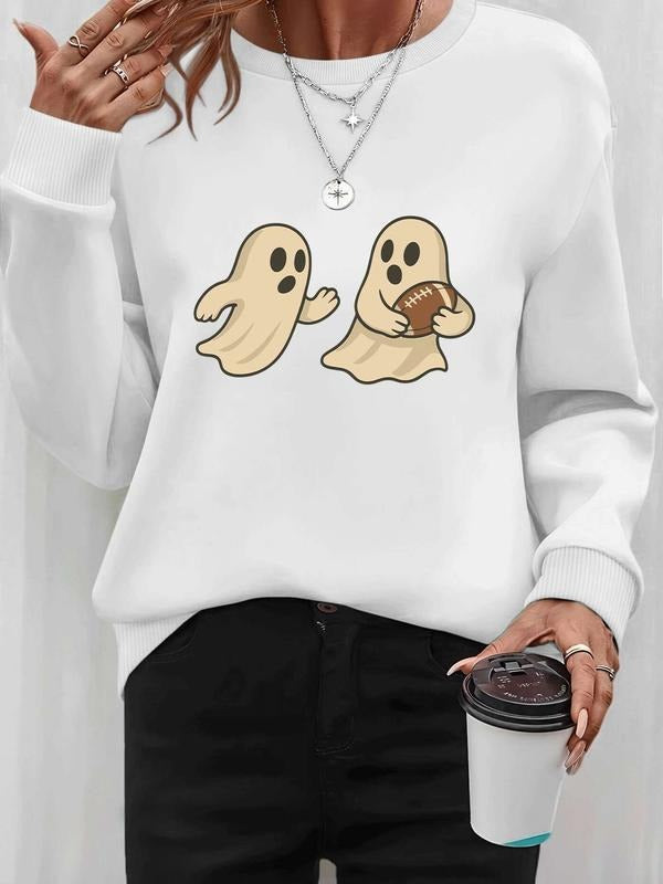 Women's Halloween Ghost Print Long Sleeve Round Neck Pullover Sweatshirt, Casual Fitted Kint Fabric, Available in 9...