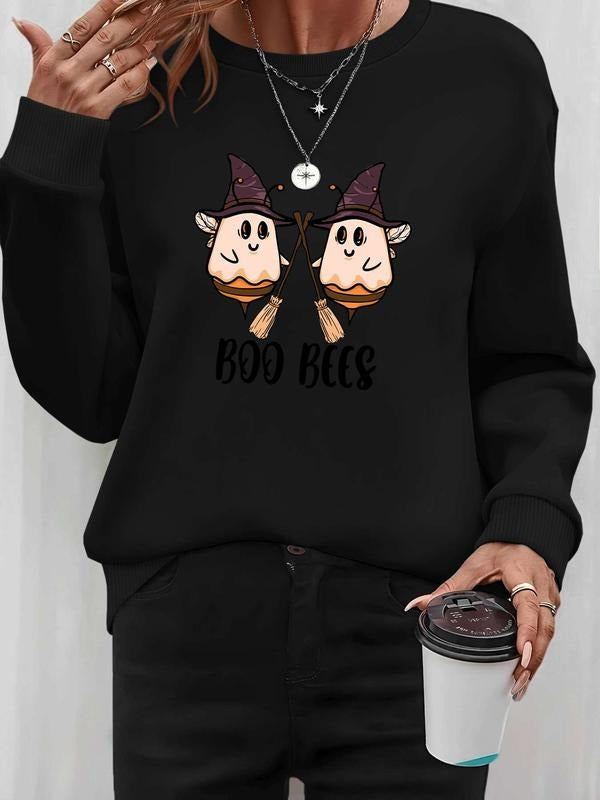 Women's Halloween Ghost Print Long Sleeve Round Neck Pullover Sweatshirt, Casual Fitted Kint Fabric, Fall & Winter...