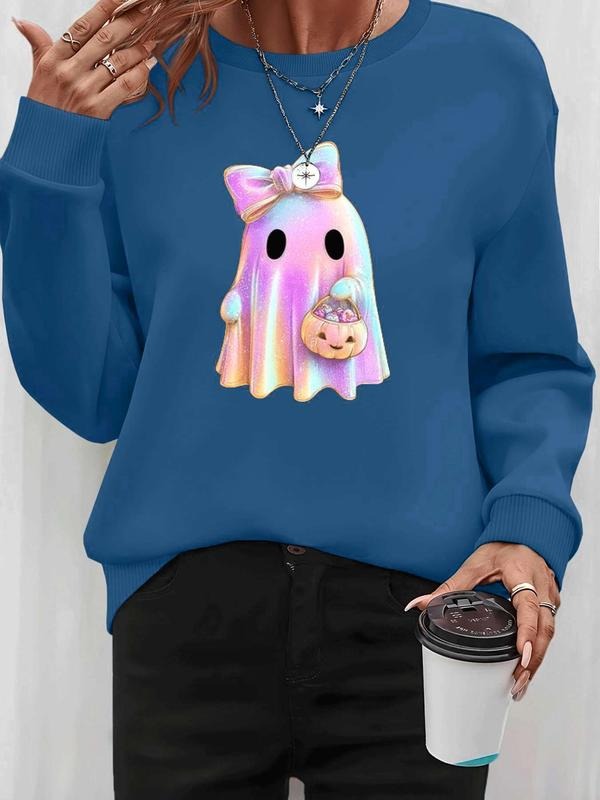Women's Halloween Ghost Print Long Sleeve Round Neck Pullover Sweatshirt, Casual Fitted Kint Fabric, Fall & Winter...