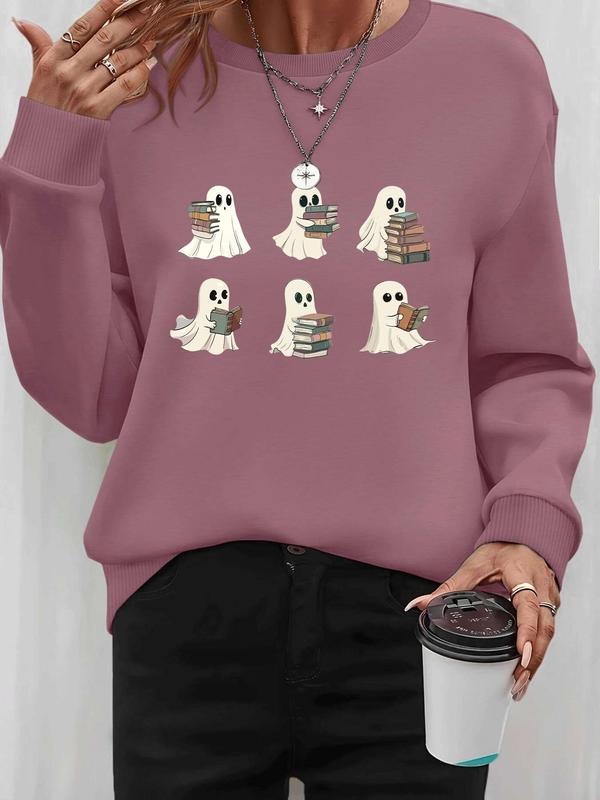 Women's Halloween Ghost Print Long Sleeve Round Neck Pullover Sweatshirt, Casual Fitted Style, Fall & Winter Fashion, 7...