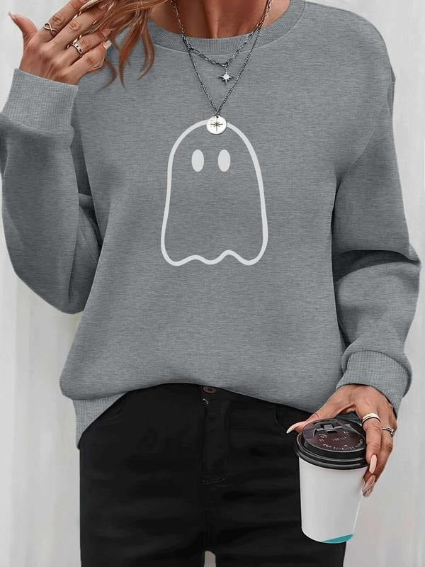 Women's Halloween Ghost Print Pullover Sweatshirt, Casual Long Sleeve Fitted Top for Spring & Fall, Available in 5 Colors...