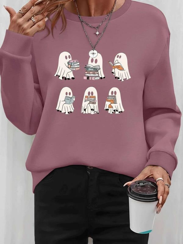 Women's Halloween Ghost Print Pullover Sweatshirt, Casual Long Sleeve Fitted Top for Spring & Fall, Available in 7 Colors...