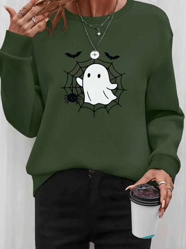 Women's Halloween Ghost Print Pullover Sweatshirt, Casual Long Sleeve Fitted Top for Spring & Fall, Available in 7 Colors...