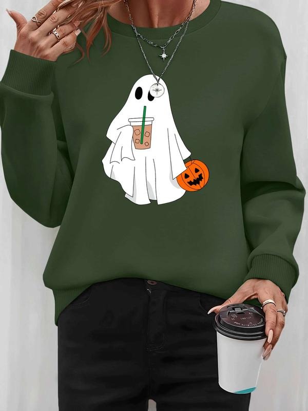Women's Halloween Ghost Print Pullover Sweatshirt, Casual Long Sleeve Fitted Top for Spring & Fall, Available in 7 Colors...