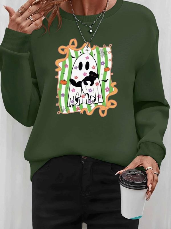 Women's Halloween Ghost Print Pullover Sweatshirt, Casual Long Sleeve Fitted Top for Spring & Fall, Available in 7 Colors...