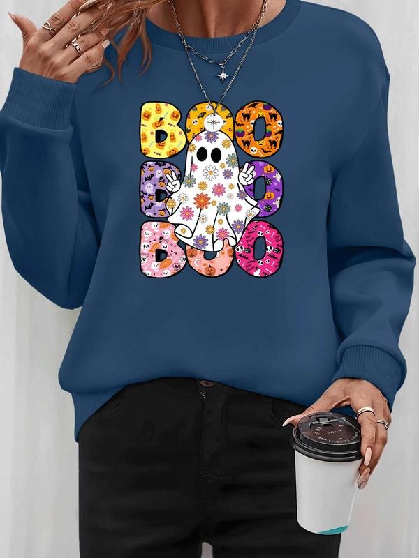 Women's Halloween Ghost Print Pullover Sweatshirt, Casual Long Sleeve Fitted Top for Spring & Fall, Available in 7 Colors...