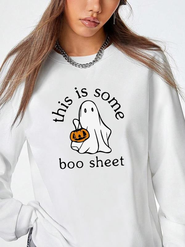 Women's Halloween Ghost Print Pullover Sweatshirt, Casual Long Sleeve Fitted Top for Spring & Fall, Available in 9 Colors...