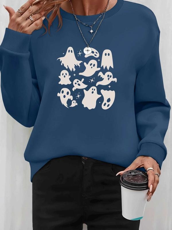 Women's Halloween Ghost Print Pullover Sweatshirt, Casual Long Sleeve Fitted Top, Spring & Fall Fashion, Available in 6...