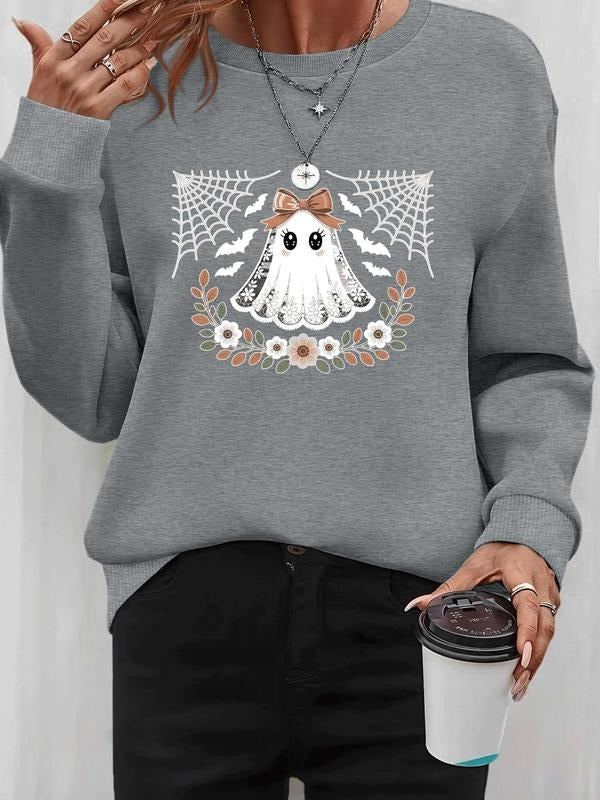 Women's Halloween Ghost Print Pullover Sweatshirt, Casual Long Sleeve Fitted Top, Spring & Fall Fashion, Available in 7...