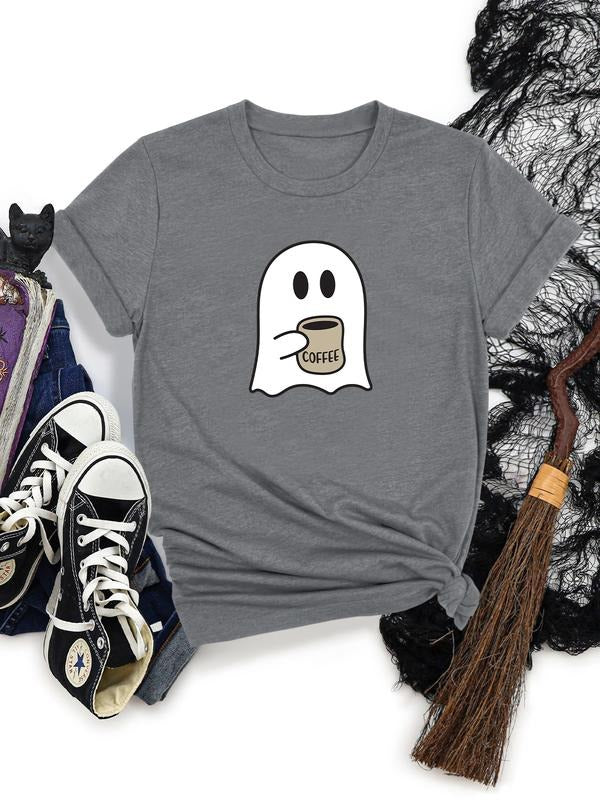 Women's Halloween Ghost Print Round Neck Short Sleeve T-Shirt, Soft Comfortable Fabric, Available in 11 Colors, Casual...