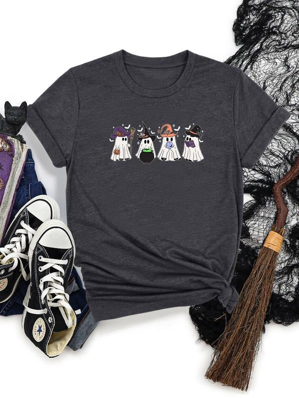 Women's Halloween Ghost Print Round Neck Short Sleeve T-Shirt, Soft Comfortable Fabric, Casual Style, All Seasons Wear...