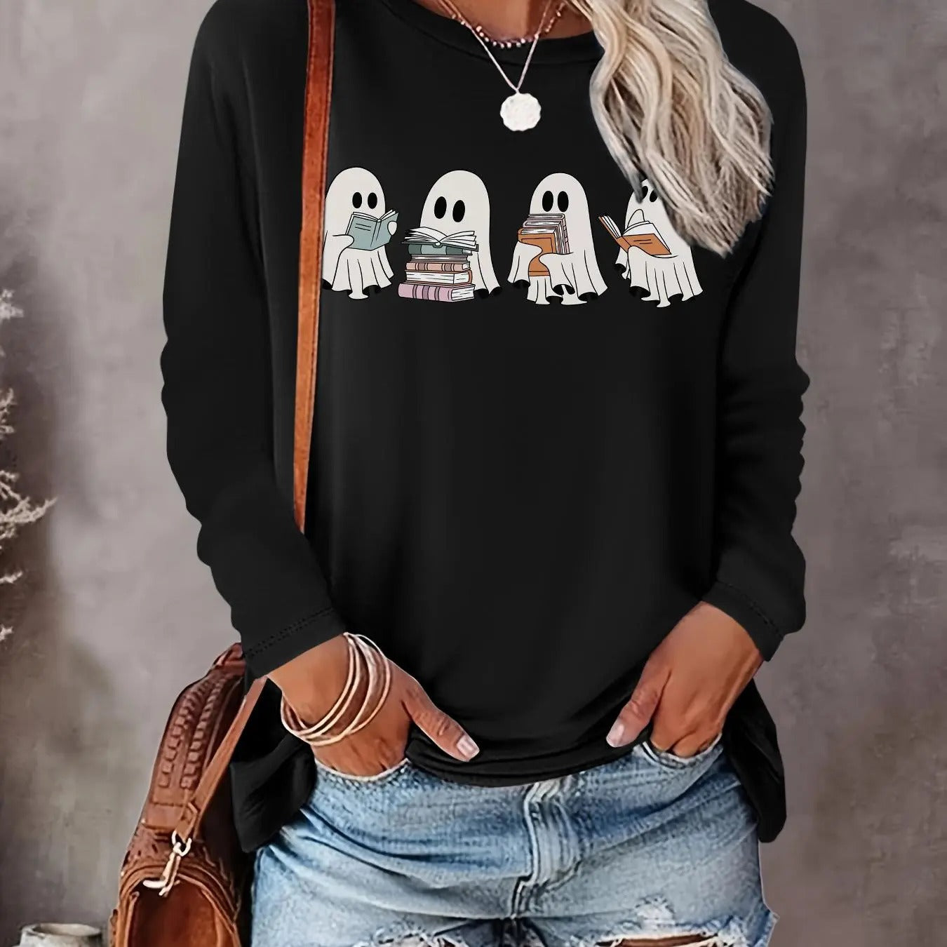 Women's Halloween Ghost Print Round Neck Tee, Casual Long Sleeve Crew Neck T-shirt for Fall & Winter, Women's Top for...