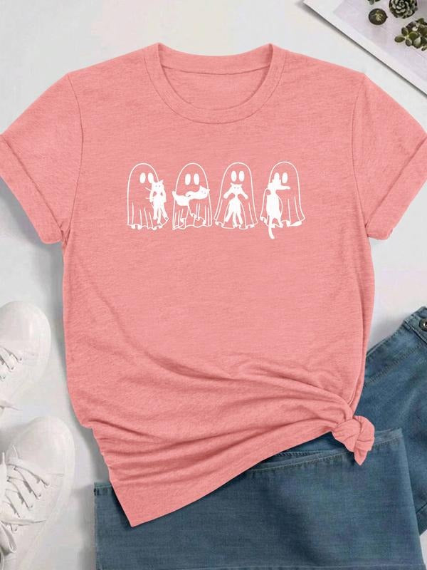 Women's Halloween Ghost Print Short Sleeve T-Shirt, Casual Fitted Top, Comfortable Fabric, Available in 11 Colors Hoodie...