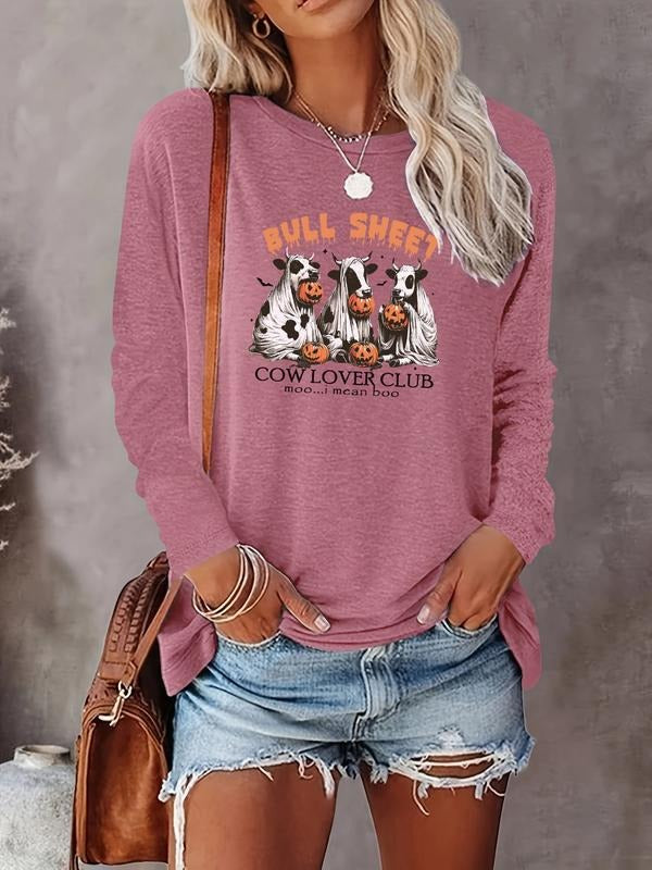 Women's Halloween Ghost Pumpkin Print Long Sleeve Casual Fitted T-Shirt, Comfortable Fabric, Available in 8 Colors Hoodie...