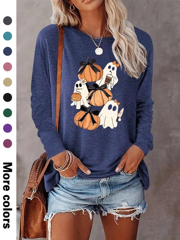 Women's Halloween Ghost Pumpkin Print Long Sleeve Casual Fitted T-Shirt, Comfortable Fabric, Available in 9 Colors style...