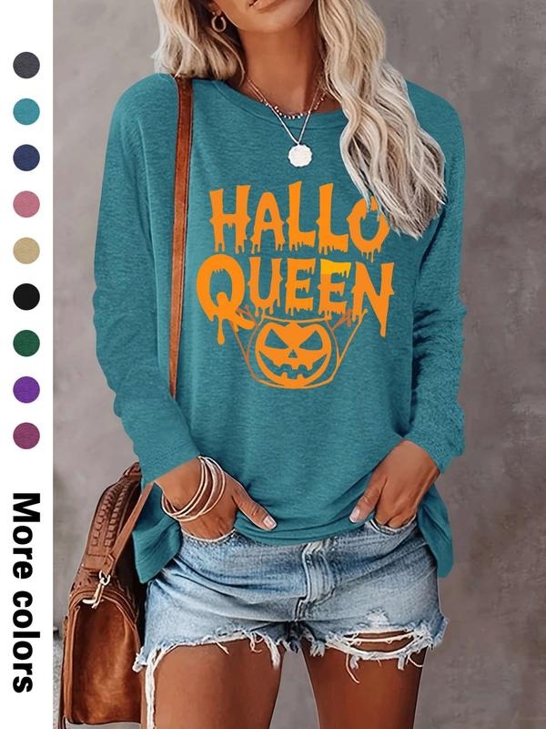 Women's Halloween Ghost Pumpkin Print Long Sleeve Casual Fitted T-Shirt, Comfortable Fabric, Available in 9 Colors style...