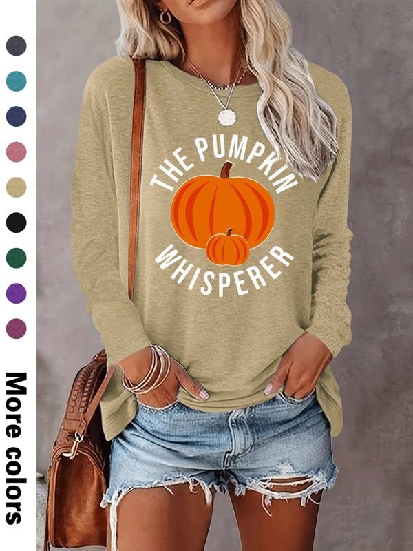 Women's Halloween Ghost Pumpkin Print Long Sleeve Casual Fitted T-Shirt, Comfortable Fabric, Available in 9 Colors Hoodie...
