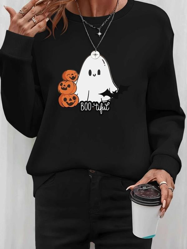 Women's Halloween Ghost Pumpkin Print Long Sleeve Pullover Sweatshirt, Casual Fitted Design, Spring & Fall Fashion,...