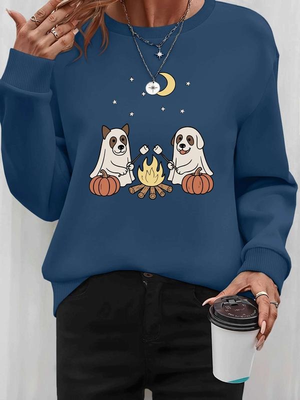Women's Halloween Ghost Pumpkin Print Long Sleeve Round Neck Pullover Sweatshirt, Casual Fall & Winter Fashion, Available...