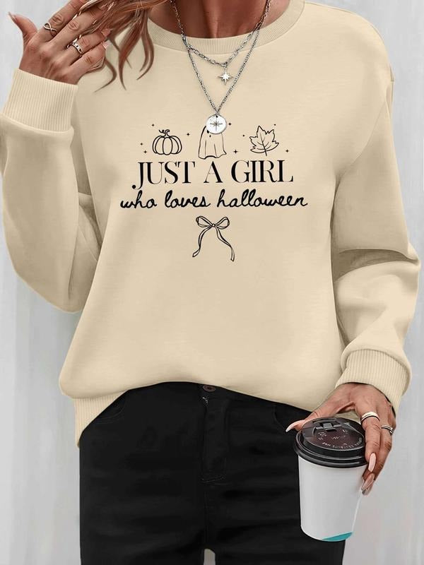 Women's Halloween Ghost Pumpkin Print Long Sleeve Round Neck Pullover Sweatshirt, Casual Fitted Design, Fall & Winter...