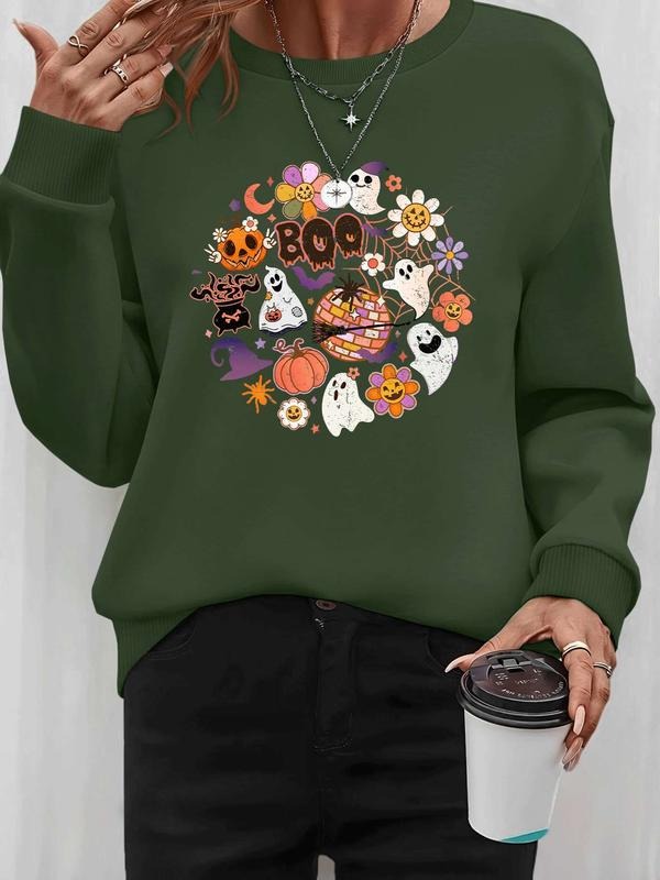 Women's Halloween Ghost Pumpkin Print Long Sleeve Round Neck Pullover Sweatshirt, Casual Fitted Fall Winter Fashion, 7...