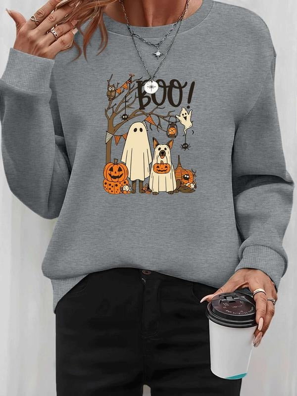 Women's Halloween Ghost Pumpkin Print Long Sleeve Round Neck Pullover Sweatshirt, Casual Fitted Fall Winter Fashion, 9...