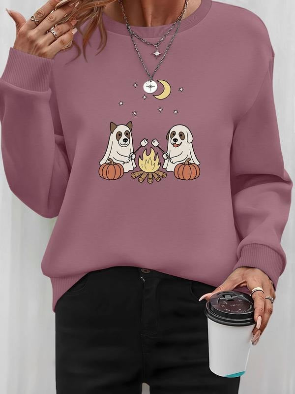 Women's Halloween Ghost Pumpkin Print Long Sleeve Round Neck Pullover Sweatshirt, Casual Fitted Kint Fabric, Fall &...