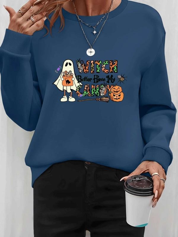 Women's Halloween Ghost Pumpkin Print Long Sleeve Round Neck Pullover Sweatshirt, Casual Fitted Knit Top for Fall &...