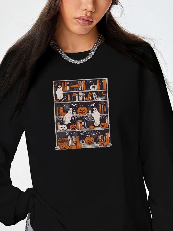 Women's Halloween Ghost Pumpkin Print Long Sleeve Round Neck Pullover Sweatshirt, Casual Fitted Style for Fall & Winter,...
