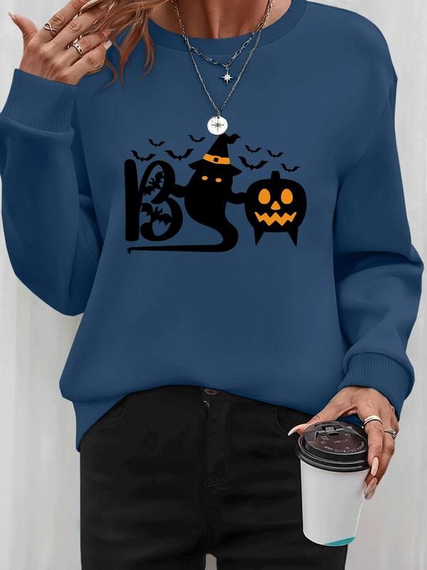 Women's Halloween Ghost Pumpkin Print Long Sleeve Round Neck Pullover Sweatshirt, Casual Fitted Style, Fall & Winter...