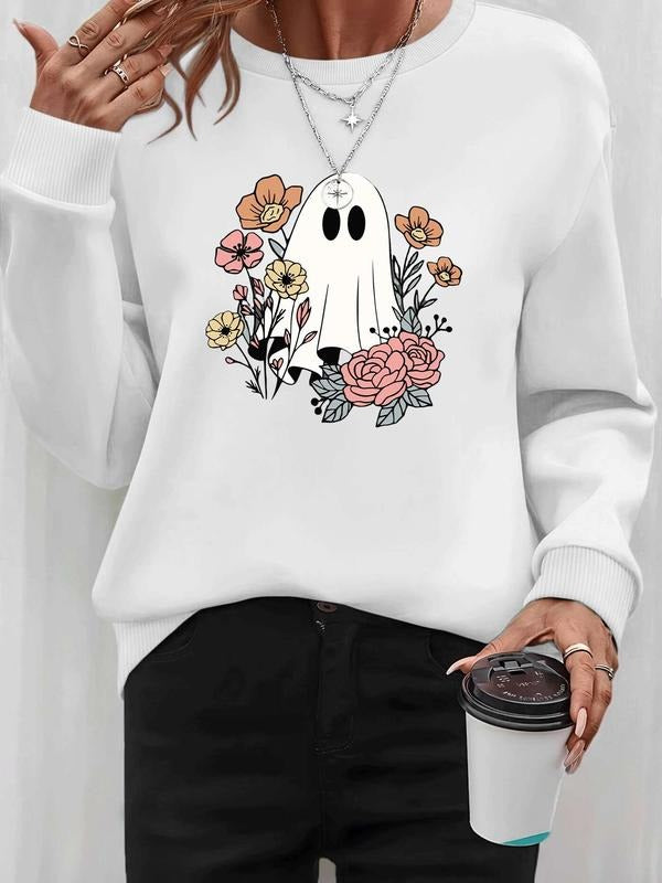 Women's Halloween Ghost Pumpkin Print Pullover Sweatshirt, Casual Long Sleeve Fitted Top, Spring & Fall Fashion,...