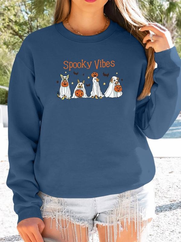 Women's Halloween Ghost Pumpkin Print Pullover Sweatshirt, Casual Long Sleeve Round Neck, Fall & Winter Fashion,...