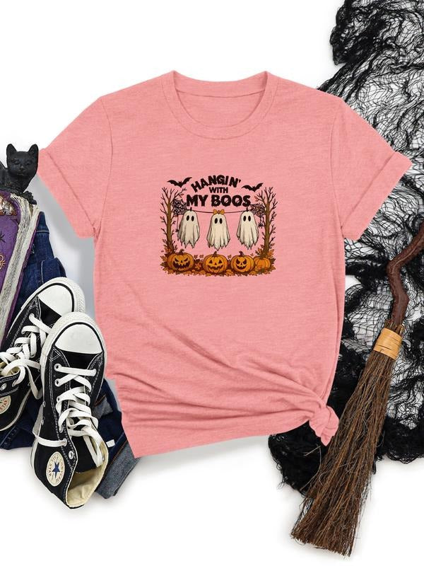 Women's Halloween Ghost Pumpkin Print Round Neck Short Sleeve T-Shirt, Soft Comfortable Fabric, Available in 10 Colors...