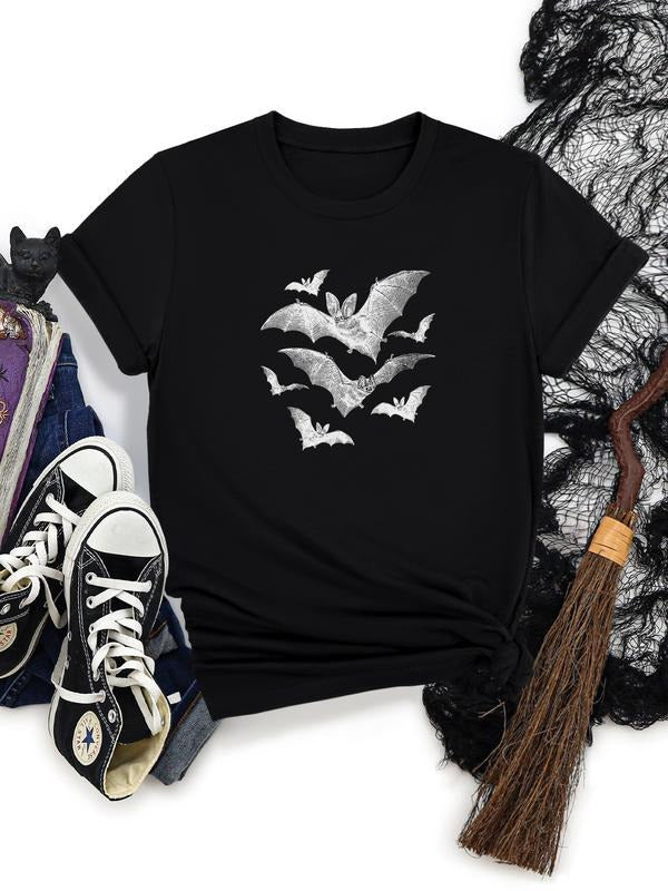 Women's Halloween Letter Bat Print Round Neck Short Sleeve T-Shirt, Soft Comfortable Fabric, Casual Style, Available in...
