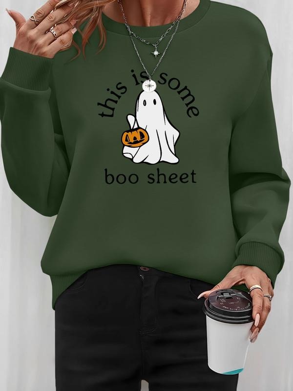 Women's Halloween Letter Print Long Sleeve Round Neck Pullover Sweatshirt, Casual Fitted Design, Fall & Winter Fashion, 6...