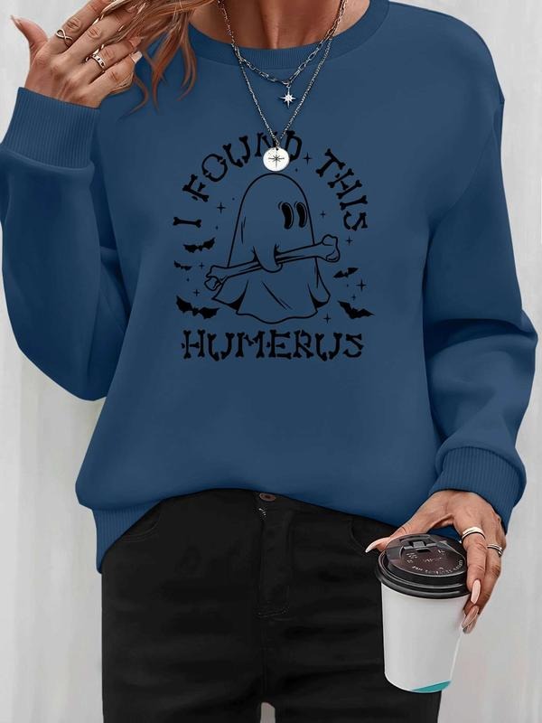 Women's Halloween Letter Print Long Sleeve Round Neck Pullover Sweatshirt, Casual Fitted Design, Fall & Winter Fashion, 8...