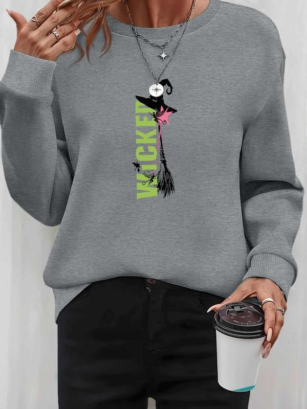Women's Halloween Letter Print Long Sleeve Round Neck Pullover Sweatshirt, Casual Fitted Design, Fall & Winter Fashion, 8...