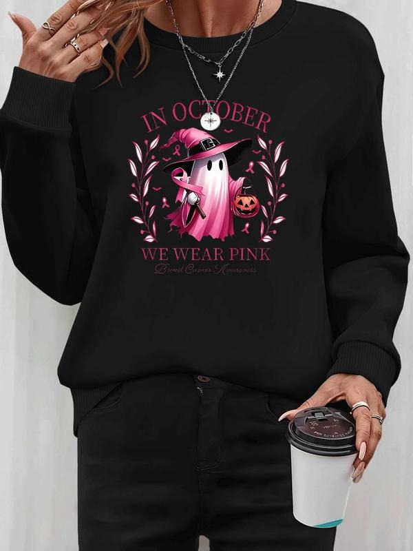Women's Halloween Letter Print Long Sleeve Round Neck Pullover Sweatshirt, Casual Fitted Style, Fall & Winter Fashion, 7...