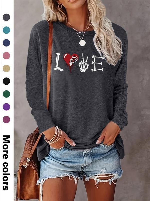 Women's Halloween Love Print Long Sleeve Casual Fitted T-Shirt, Comfortable Fabric, Available in 9 Colors, Perfect for...