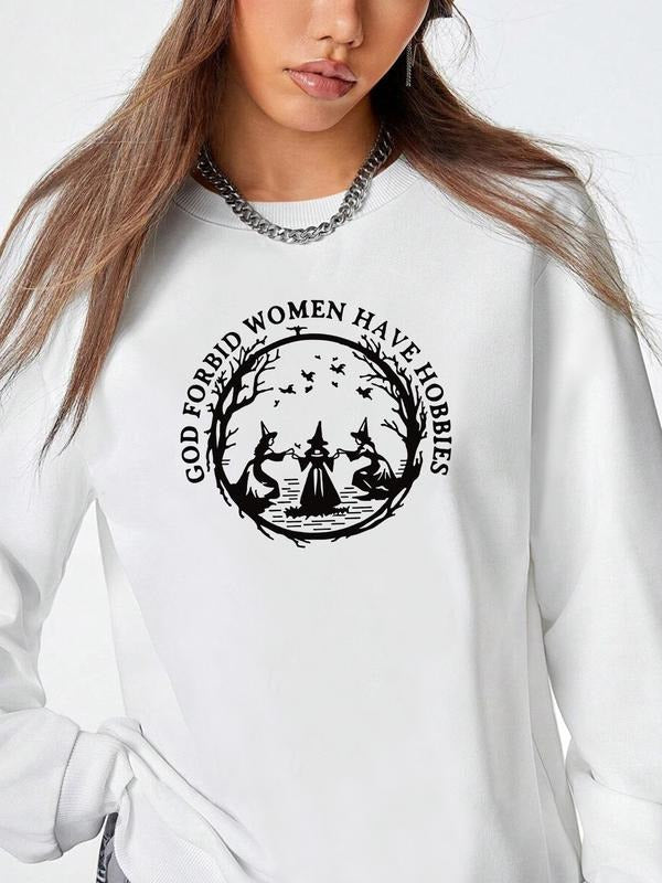 Women's Halloween Print Long Sleeve Round Neck Pullover Sweatshirt, Casual Fitted Kint Fabric, Fall & Winter Fashion, 9...