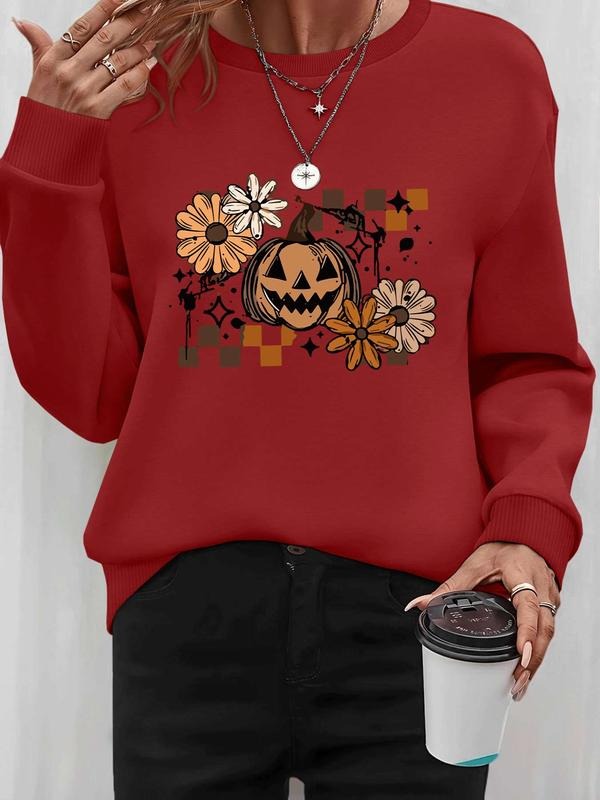 Women's Halloween Pumpkin Floral Print Long Sleeve Round Neck Pullover Sweatshirt, Casual Fitted Fall & Winter Fashion, 9...