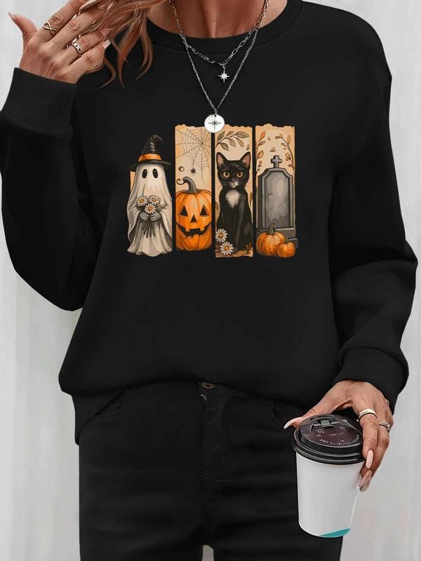 Women's Halloween Pumpkin Ghost Print Long Sleeve Round Neck Pullover Sweatshirt, Casual Fitted Fall Winter Fashion, 9...