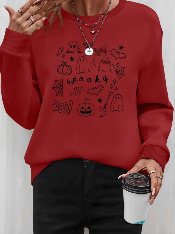 Women's Halloween Pumpkin Ghost Print Pullover Sweatshirt, Casual Long Sleeve Round Neck, Fall & Winter Fashion,...